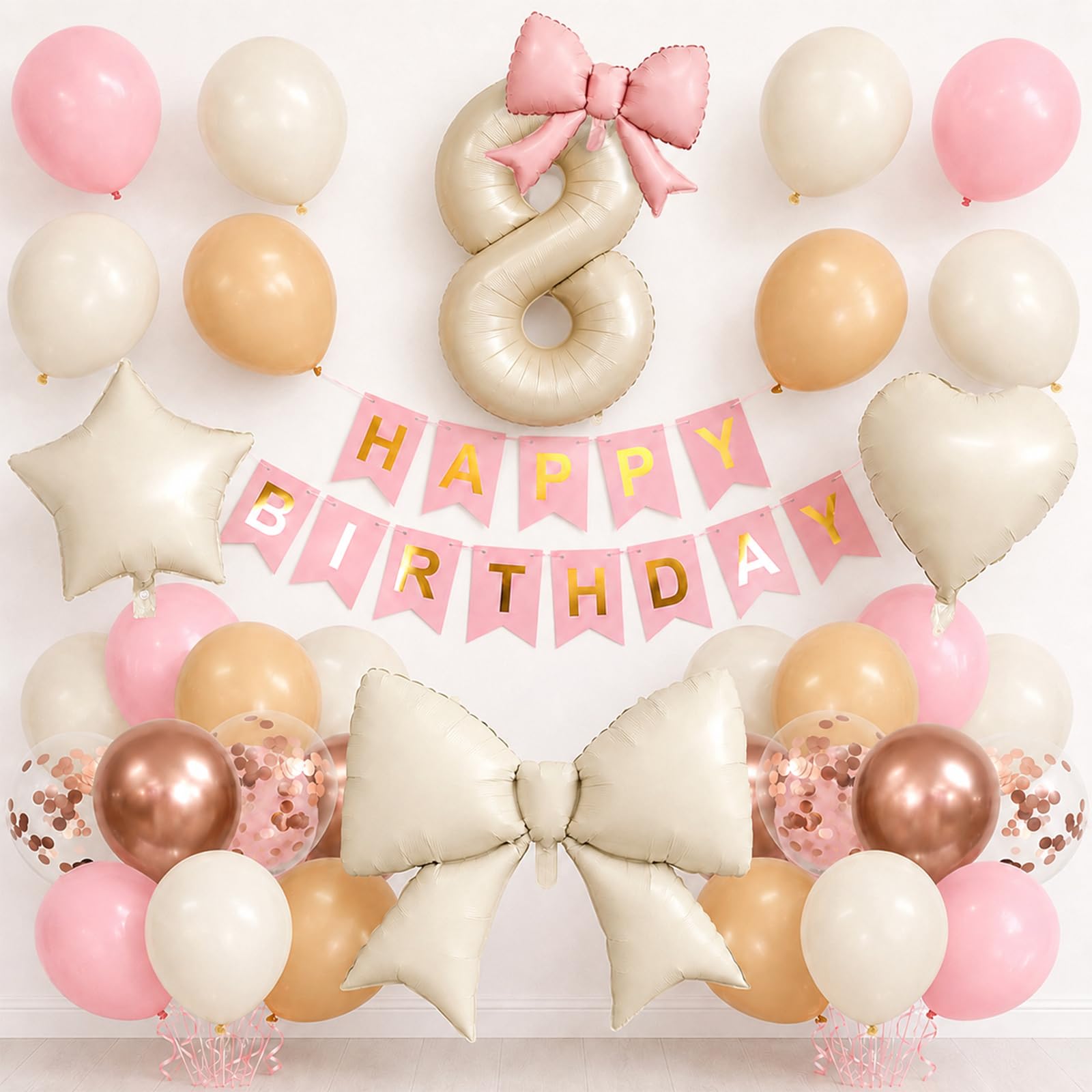 Cream Bow 8th Birthday Decorations for Girls, Pink White Party Balloon Set with Large Cream Foil Number 8, White Bow Foil Balloons, Star Heart Balloons, Happy Birthday Banner Party Supplies