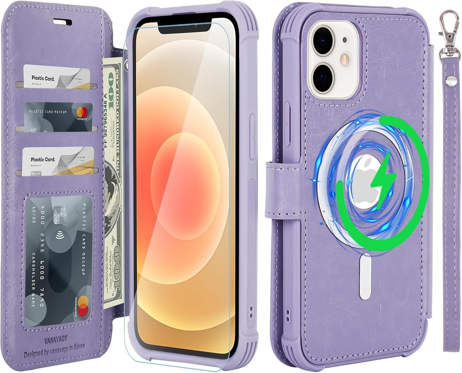 VANAVAGY Compatible for iPhone 12/12 Pro Wallet Case for Magsafe Wireless Charging, PU Leather Folio Flip Phone Cover with Wrist Strap RFID Blocking Card Holder Screen Protector, Clove Purple