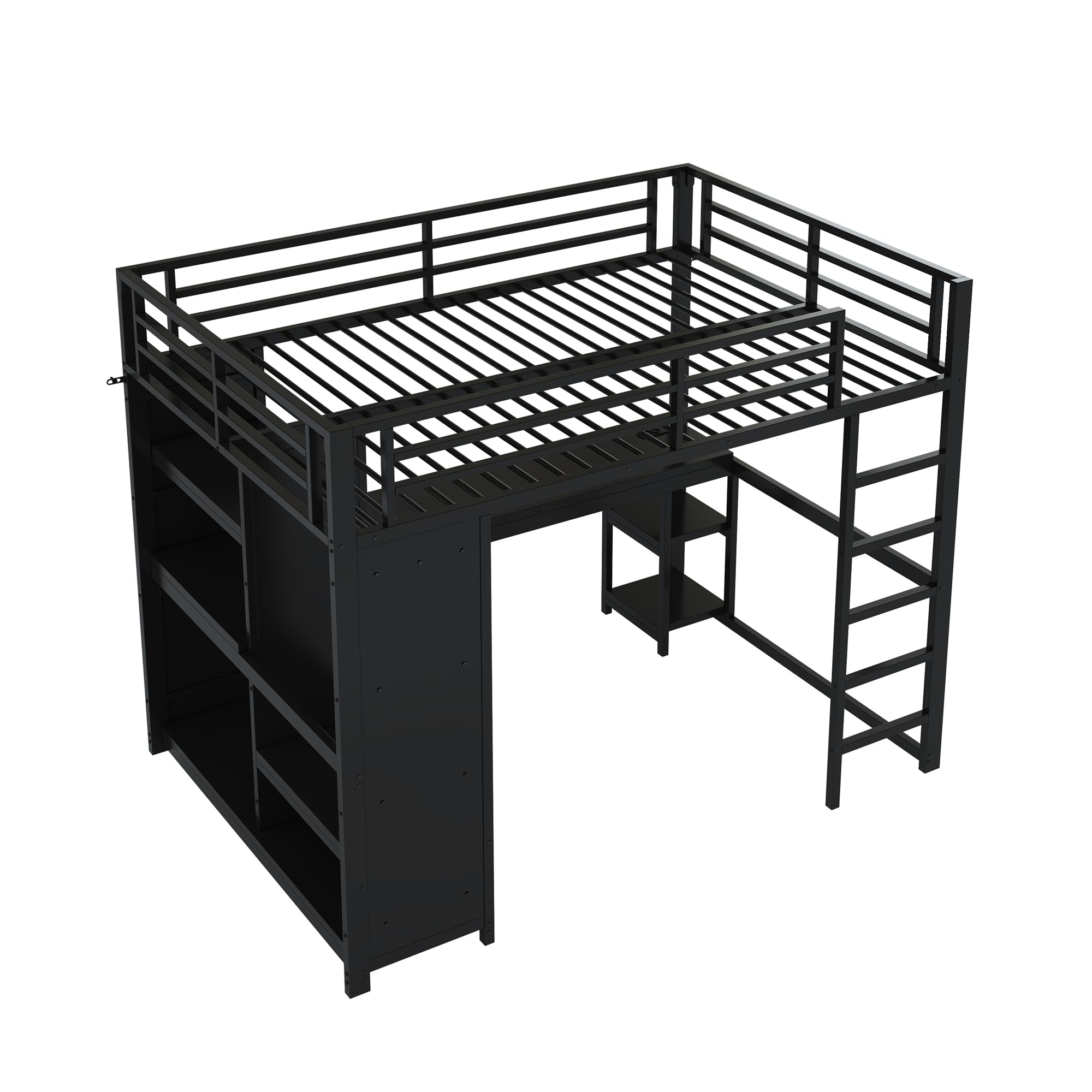 140x200 Cama alta de metal para juegos con LED, escritorio, armario abierto y estantes, Negro (140x200cm)
