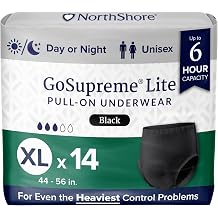 Northshore GoSupreme Lite Incontinence Underwear, 6-Hour Pullup Style, X-Large, 14 Count Bag, Black, 44-56 inches, Unisex Adult Diapers