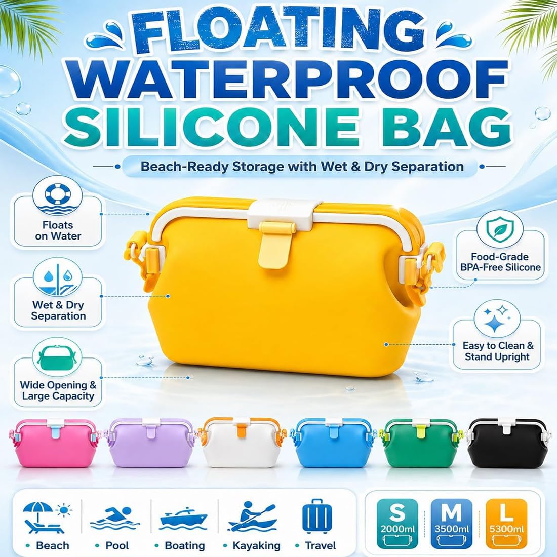 Borsa da spiaggia in silicone, custodia impermeabile con tracolla, borsa tote pieghevole, galleggiante (Pink,L)