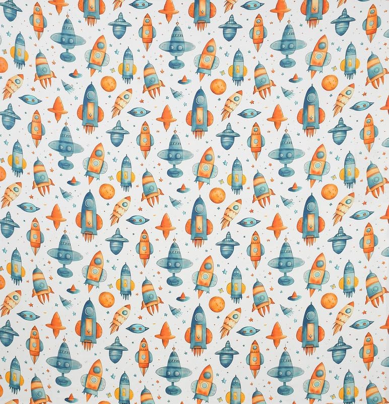Image of RD FABS Glace Cotton Wrinkle Free Soft Hypoallergenic Single Bed Sheet with 1 Pillow Cover | Cartoon Printed Rocket Design for Boys & Girls Room | 60x90 Inches | White | 144 TC