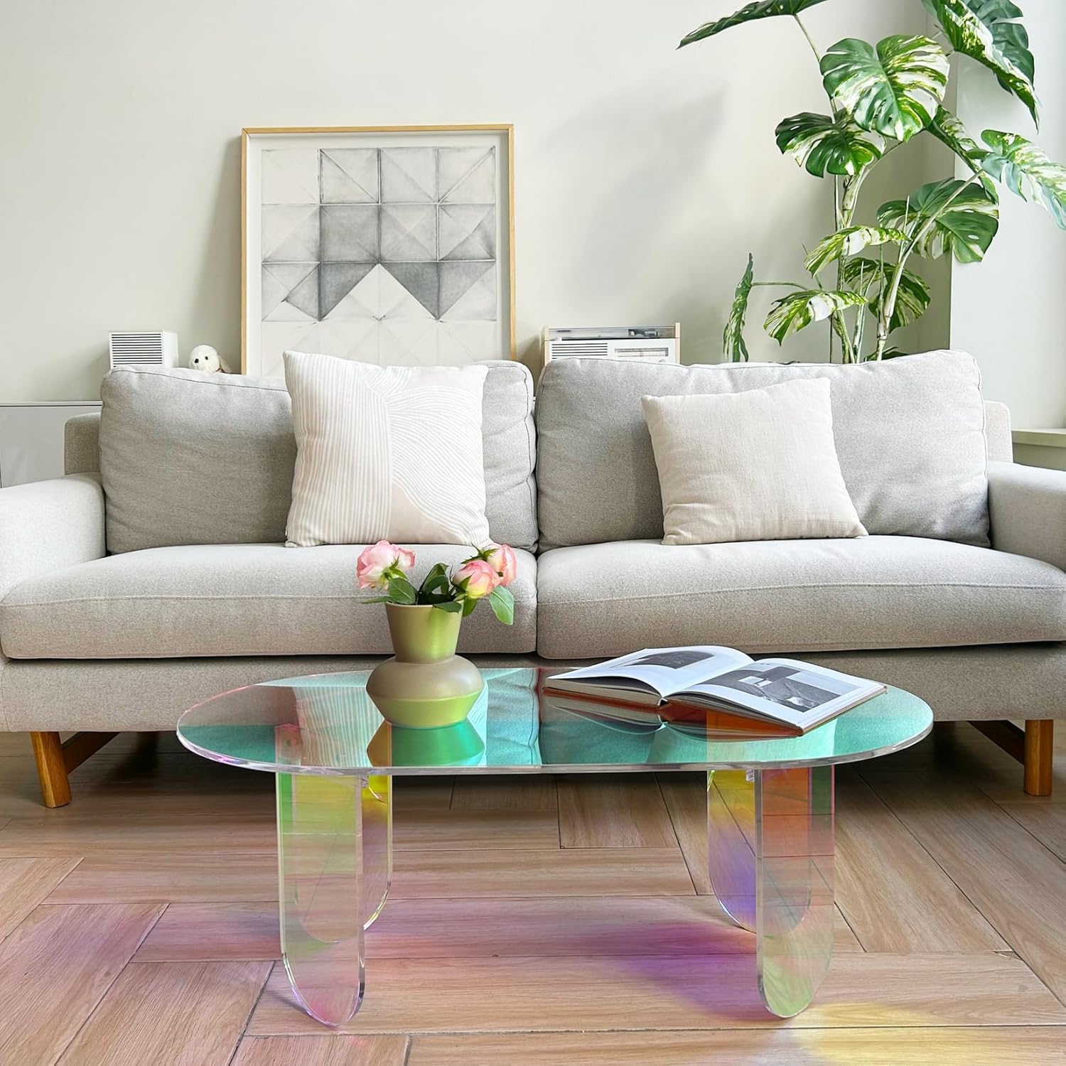 Table Basse Ovale Salon: 95x50x36cm Meuble Centre en Acrylique Moderne Design Table d'Appoint Décoratif avec 4 Pied pour Chambre