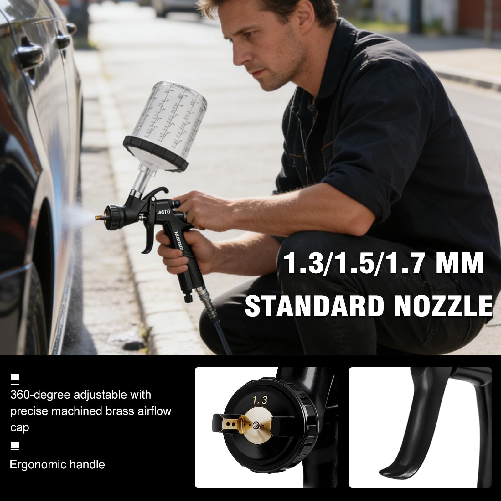 BENTOHKLE A610 LVLP Air Spray Gun with 10PCS 650ML Disposable Paint Cups, 1.3/1.5/1.7mm Nozzles& Air Gauge, R500 Automotive Paint Gun for Car Painting (LVLP Spray Gun with Disposable Paint Cups) - 2
