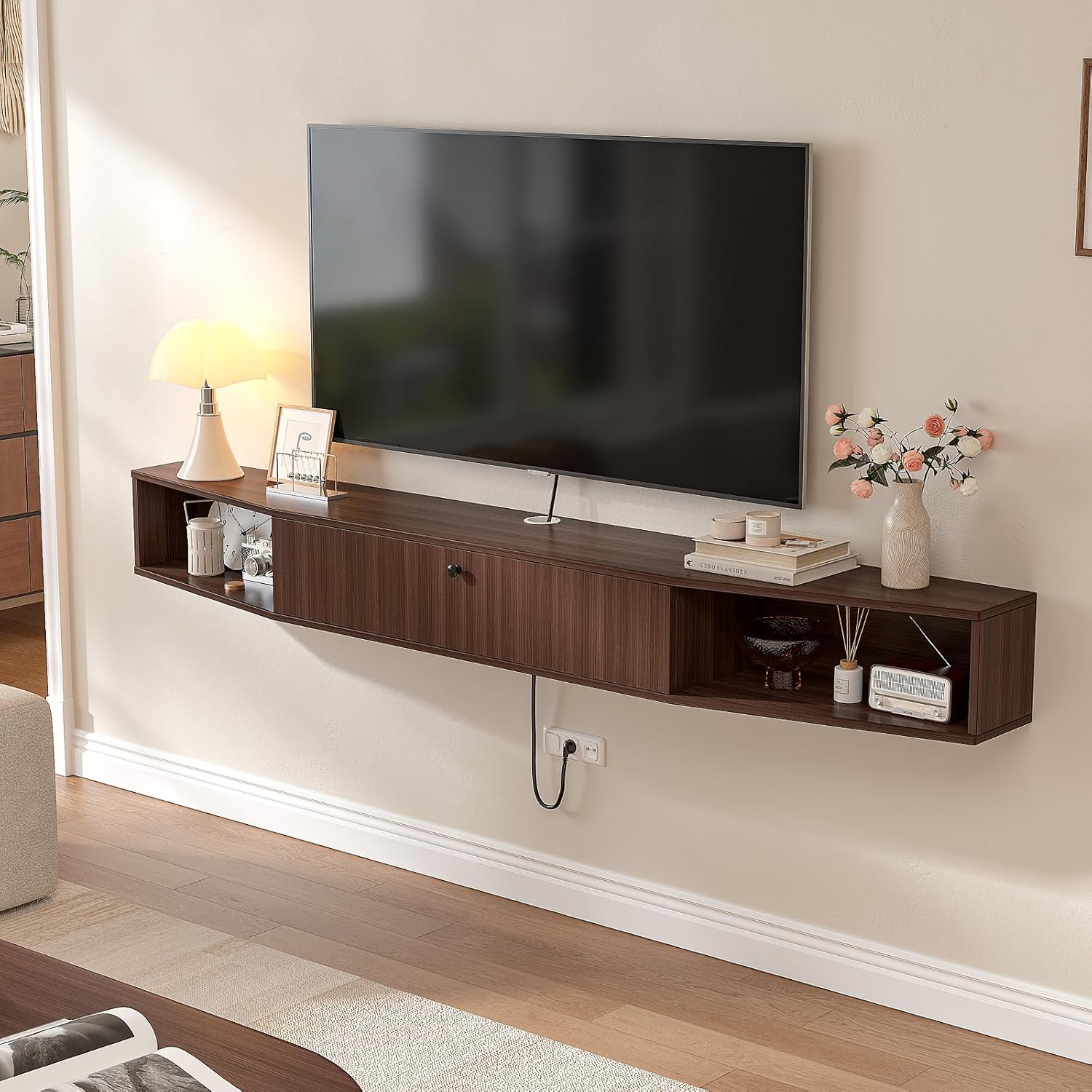 55 inch Floating TV Stand,Plywood Wall Mounted Entertainment Center with 1 Door & 2 Open Cabinets,Floating Media Console with Wire Holes,Hanging TV Shelf for Living Room, Bedroom Walnut
