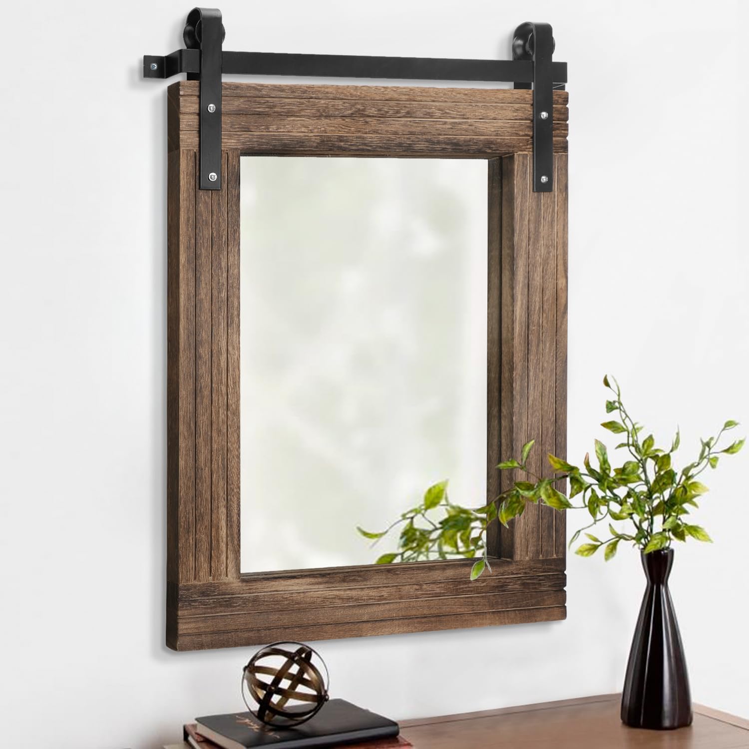 AAZZKANG Large Rectangle Mirror Rustic Wood Hanging Mirror Large 30"x22" Decorative Farmhouse Bedroom Bathroom Mirrors Home Wall Decor 30x22 Inch Brown
