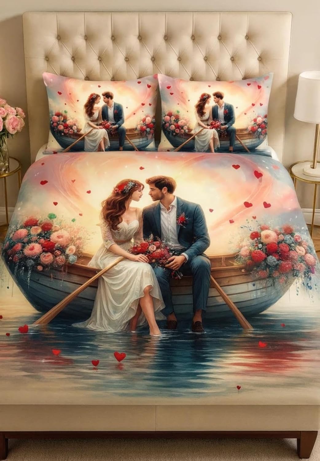 Premium 7D Digital Printed Cotton Flat Bedsheet 90X100 Inch with 2 King Size Pillow Covers 300 TC Fabric, Design & Superior Comfort Double Bedsheet for Double Bed (Peach Cream - Couple Pattern 3)-image-34