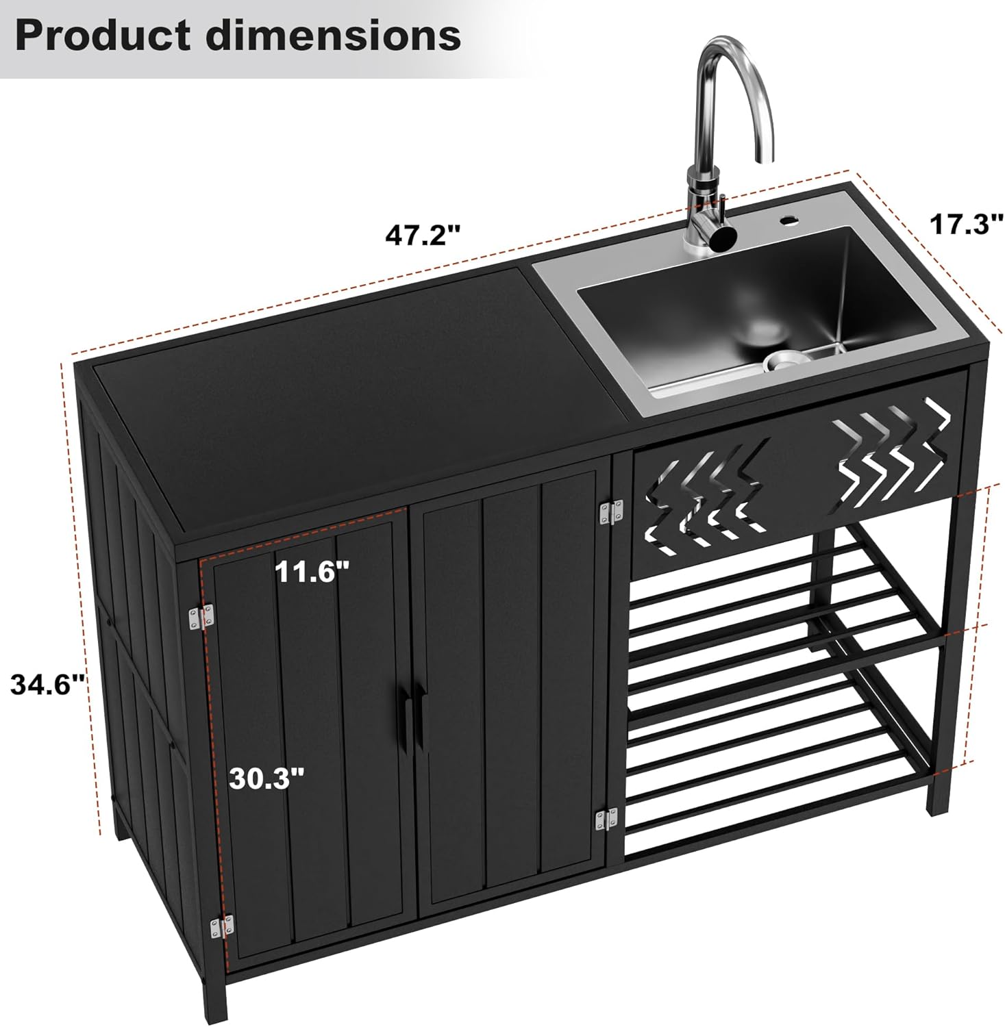 LUCKWIND 48 Inch Iron Utility Sink Cabinet with Stainless Steel Sink & Faucet, 2-Door Enclosed Storage Cabinet and 2-Shelf Open Unit for Outdoor Patio, Kitchen & Commercial Use