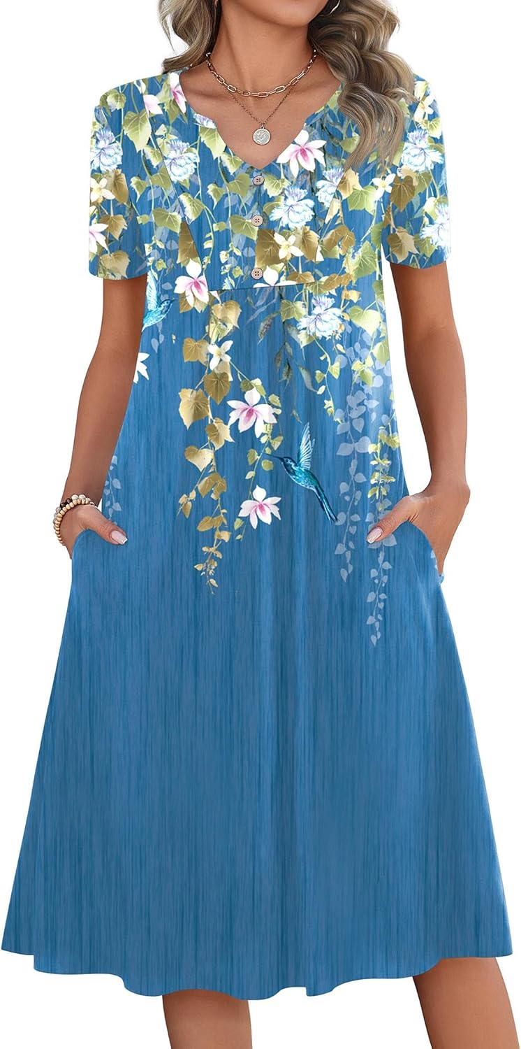 Zeagoo Women Summer Dresses Casual Short Sleeve Midi Dress with Pockets Floral A Line V Neck Beach Vacation T Shirt Sundress
