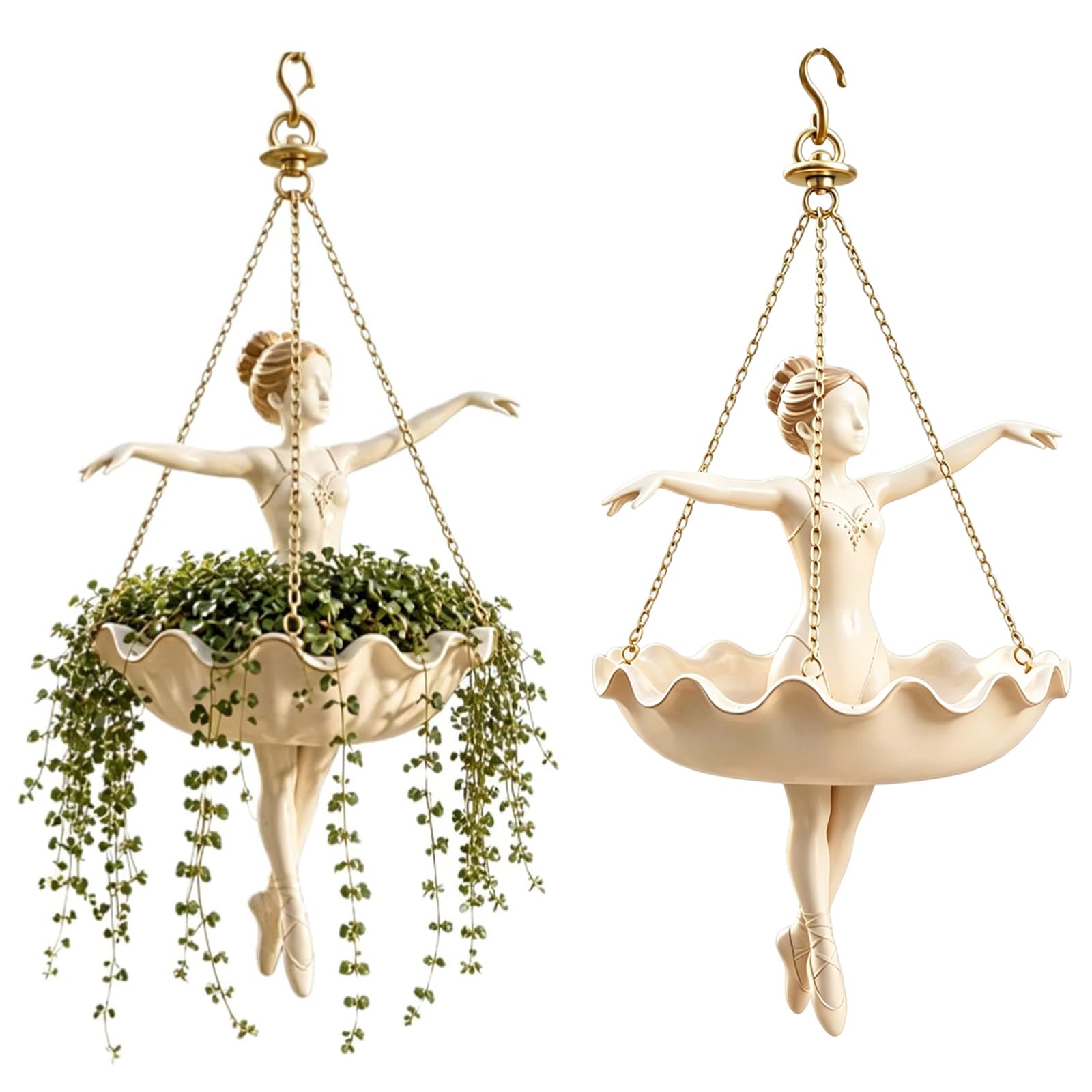 Ballet Dancer Hanging Planter with Metal Chains, Ballerina Statue Flower Pot for Succulents, Indoor Outdoor Patio Garden Decor, Dance Teacher Gifts (2)