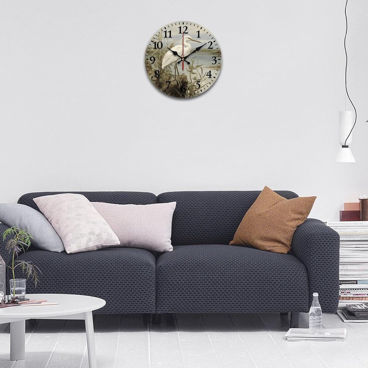 10 Inch Wall Clock Swamp Egret Clock Battery Operated Wall Clocks Silent Non-Tcking Round Wallpaper for Lving Room Round Decorative Wall Clock for Kitchen Home Office Wall Decoratve Clock