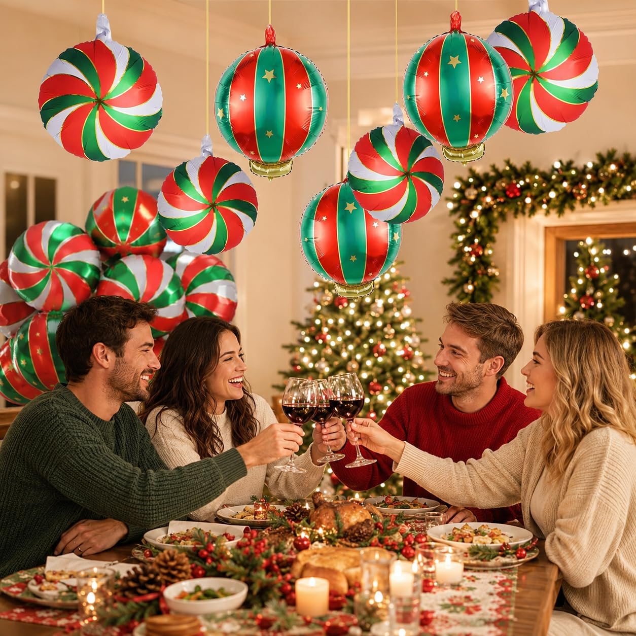 Weihnachten Folienballons Set, 9 Stück Groß Weihnachts Deko Süßigkeiten Hängende Weihnachtskugel Helium Ballons, Rot Grün Gold Weihnachtsdeko Bonbon Candy Luftballons für Christmas Party Dekoration