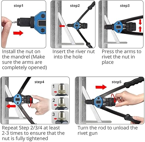Miniatura 7 de Herramienta de tuerca de remache, kit de ajuste de tuercas remachadoras de mano de 13 pulgadas, 110 tuercas remachadoras resistentes M3-M12 y kits