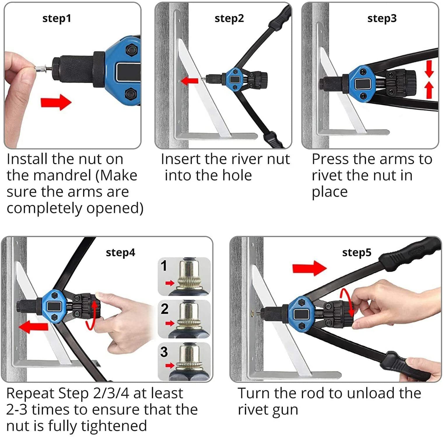 YWHWXB Nietmutter Werkzeug, 33cm Hand Nietmutter Setter Kit - 110Stück Heavy Duty Nietmuttern M3-M12 und 7 Metric & Zoll Mandrels Kits mit Rugged Carrying Case