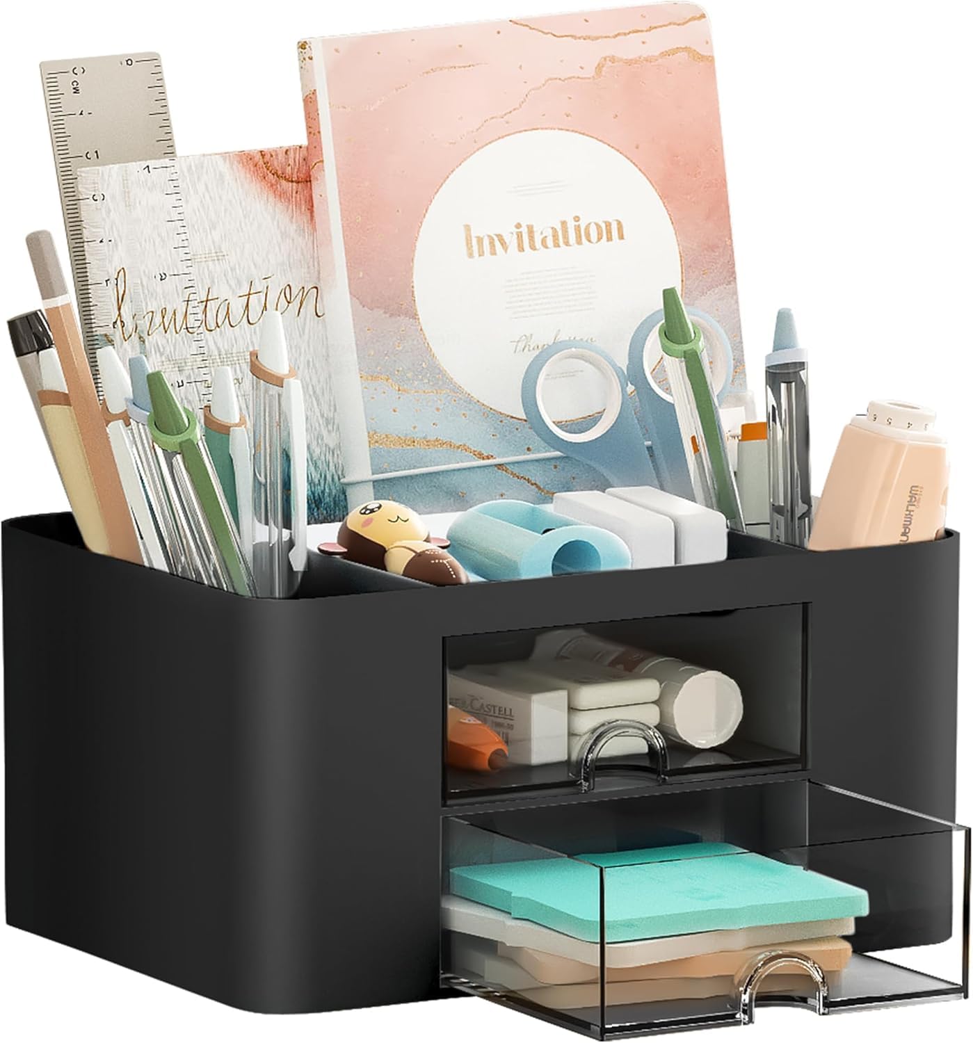 Shuttle Art Cute Desk Organizer with Drawer | Pen Stand for Study Table, Office Use | Storage Box for Stationery, Art Supplies, Sticky Notes | 5 Compartment Organizer for Home or School (Black)