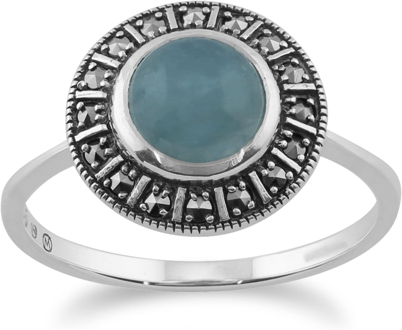 Gemondo 925 Sterling Silver Art Deco 1.44ct Milky Aquamarine & Marcasite Ring