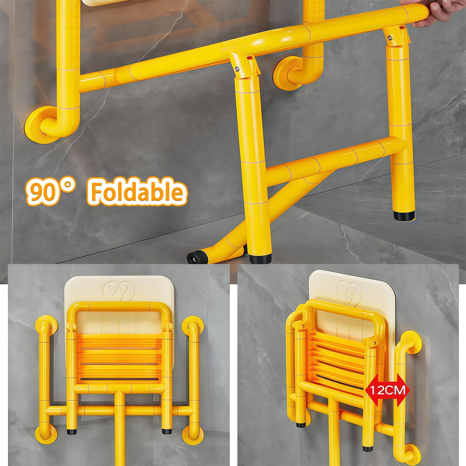 Asiento de ducha plegable, taburete de baño montado en la pared con reposabrazos, diseño antideslizante seguro para personas mayores y discapacitados