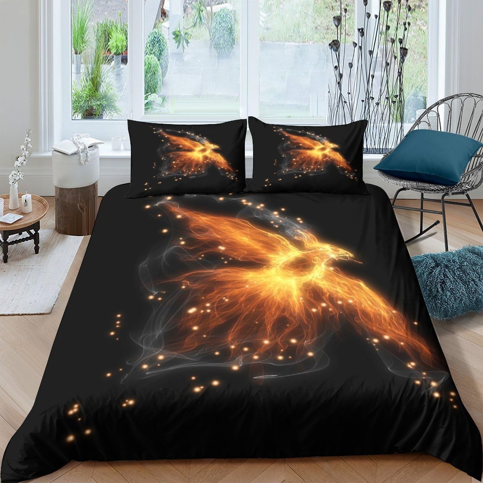 GPLZQXKJNH 3D Printed Phoenix Fire Duvet Cover Microfiber Soft Breathable Flame Bedding Set with 2 Pillowcases for Bedroom Decor Single（135x200cm）