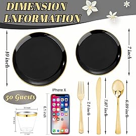 WDF 300PCS Black and Gold Plates - Black Plastic Plates for Party - 50guest Disposable Dinnerware Sets for Party/Wedding/New Year