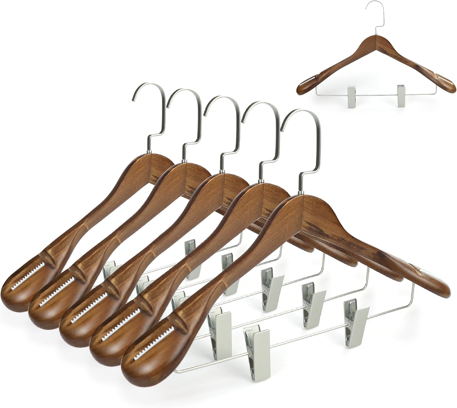 Luxury Wide Shoulder Wooden Coat Hangers with Pants Bar, Clips, Solid Wood Jacket Clothes Hangers Smooth Finish for Sweater Suit Dress Pants Sport Coats (Dark Brown, 6 Pack)