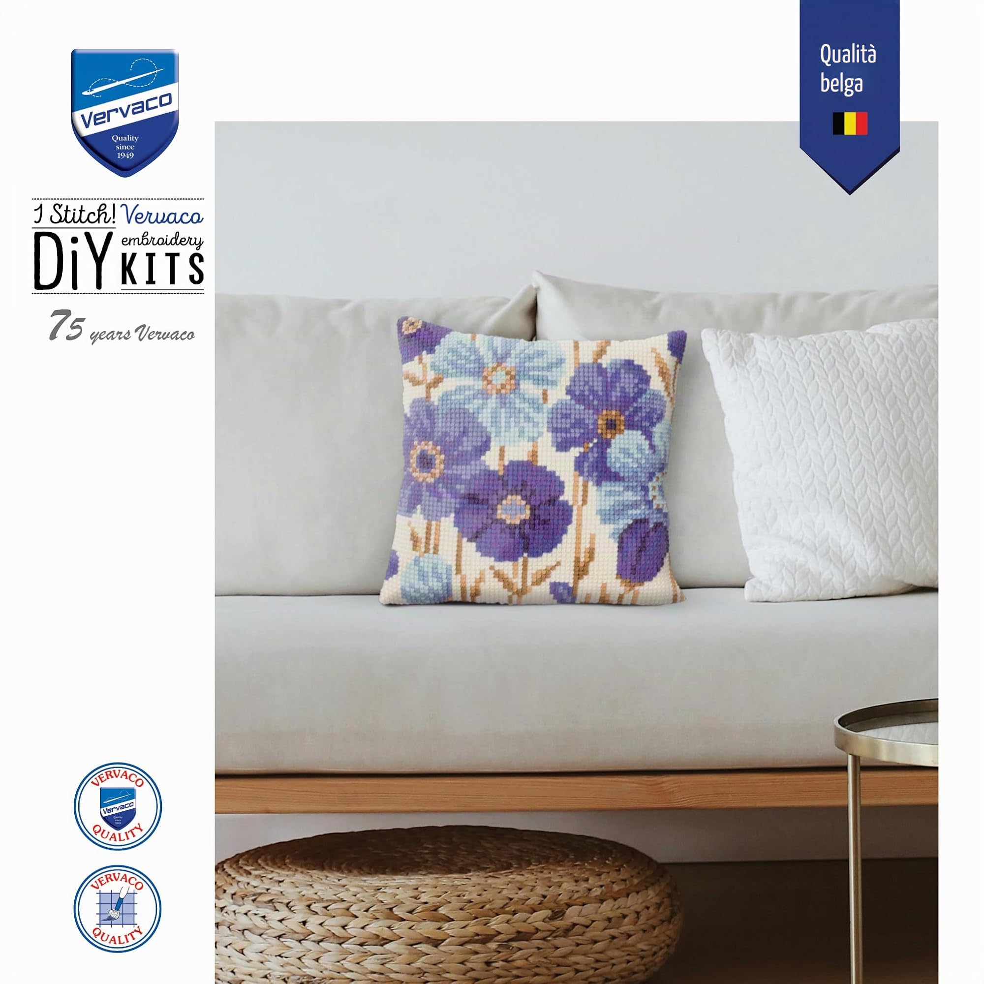 VERVACO Kit Cuscino Punto Croce ANEMONI Blu Set Ricamo Principianti Cuscini Gobelin Decorativi ca. 40 x 40 cm Accessori per Lavoretti Creativi DIY Casa Decor Hobby Adulti Cross Stitch