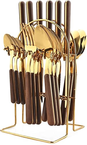 Miniatura 1 de Snplowum Juego de cubiertos dorados con espejo de 24 piezas con soporte para cubiertos, cubiertos colgantes con mango redondo de madera que incluye
