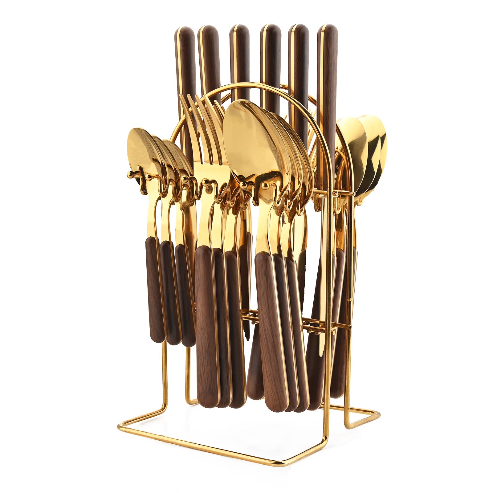 Snplowum 24 Pieces Mirror Gold Flatware Set With A Cutlery Stand, Hanging Silverware With Round Wooden Handle Include Knife/Fork/Spoon/Teaspoon, Service For 6