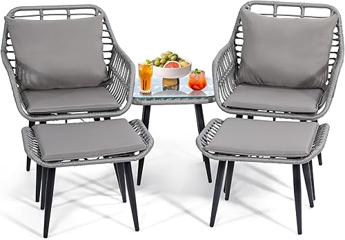 Juego de sillas y mesa de mimbre para exteriores, 5 piezas con otomana para porche, balcón, terraza, patio, patio trasero (color gris)