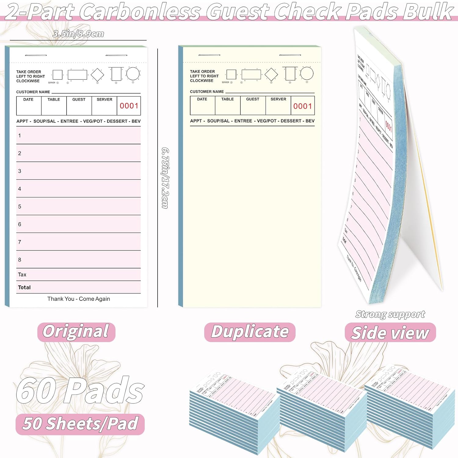 60 Pack Guest Check Book Bulk Double Part Order Pads for Servers, 2 Part Carbonless Server Note Pads, 3.5 x 6.75 Inch Pink Waitress Notepad for Bars Cafes Restaurant Food Trucks