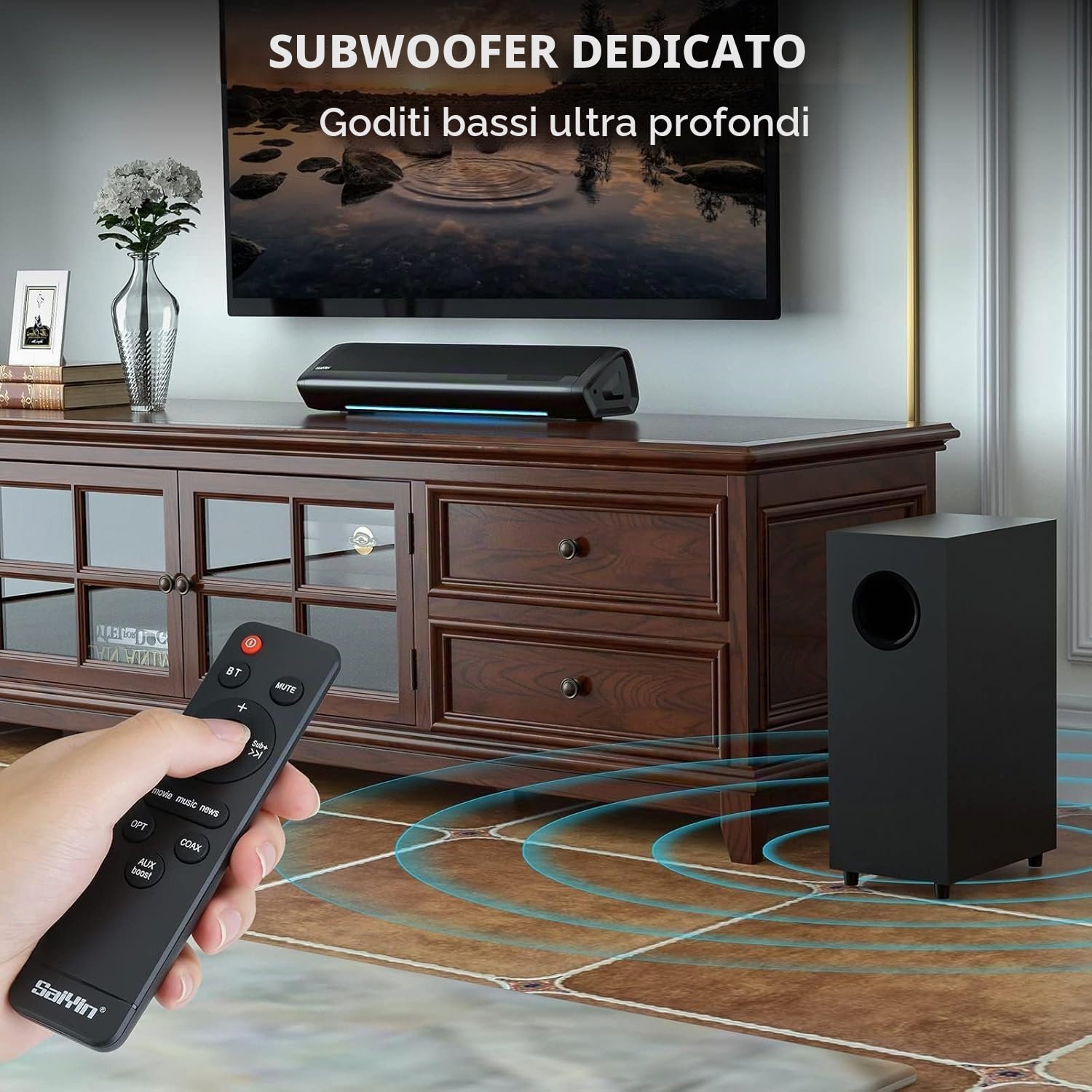 Saiyin 17 Pollici 70W Soundbar con Subwoofer per TV | Home Cinema 2.1 Canali ，Bassi Regolabili, Indicatore di Volume e Ingressi Bluetooth/Ottico/AUX per TV, PC, Proiettore