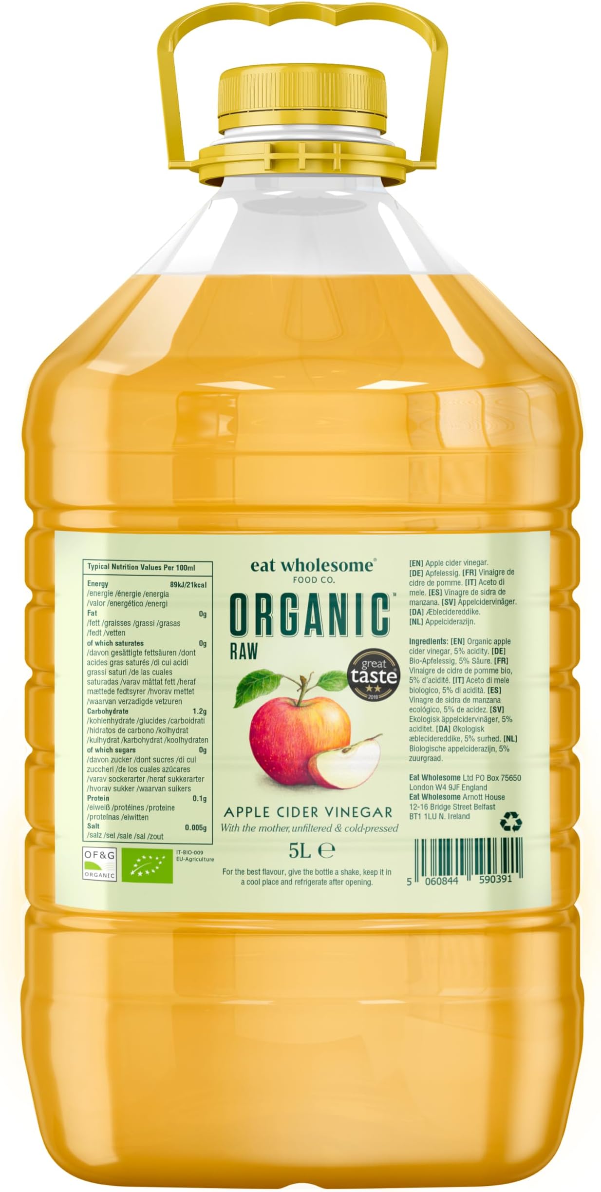 Eat Wholesome Organic Raw Apple Cider Vinegar Unfiltered with The Mother, 5 L