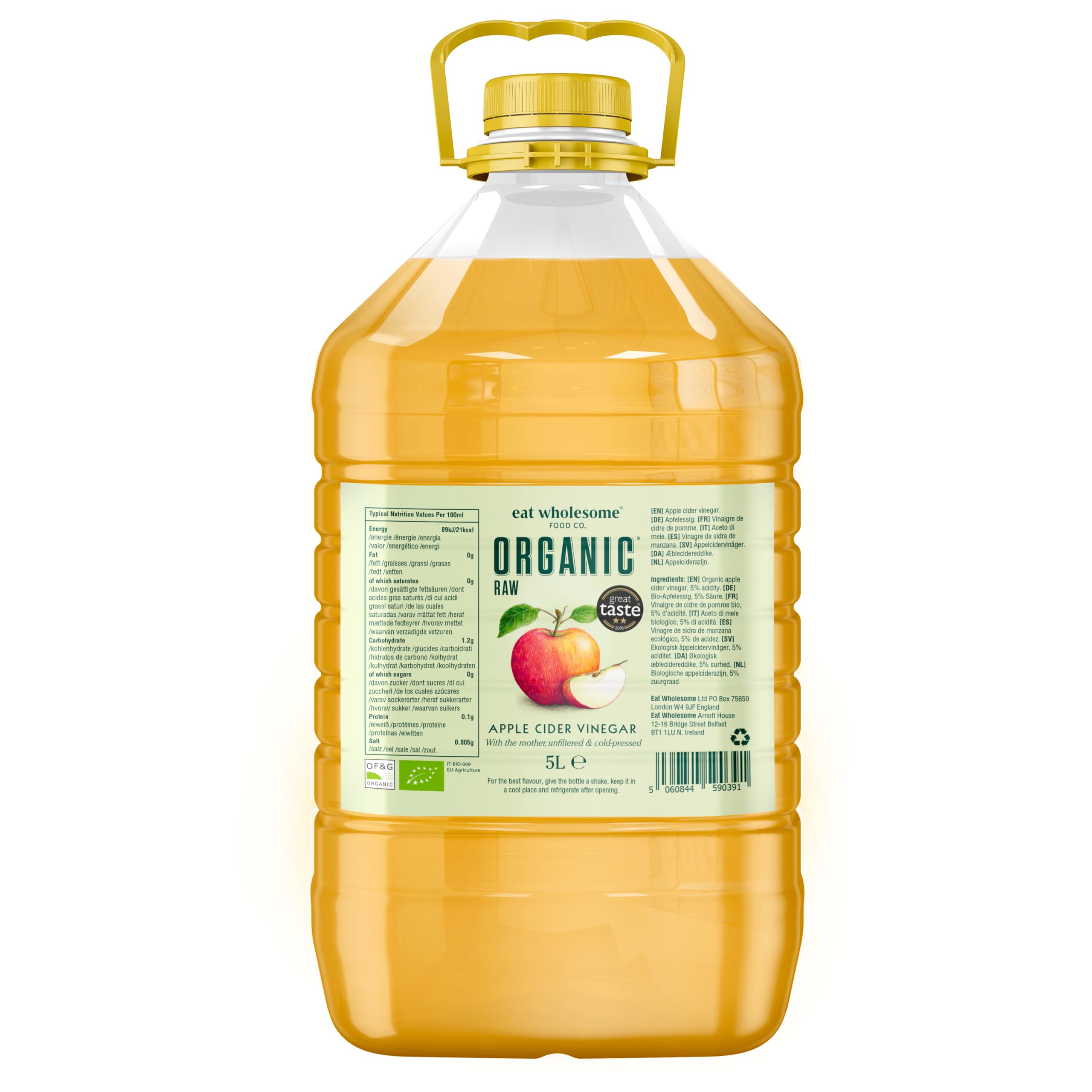 Eat Wholesome Organic Apple Cider Vinegar, 5L - Raw, Unpasteurised, Unfiltered, Award-Winning, With The Mother, Vegan