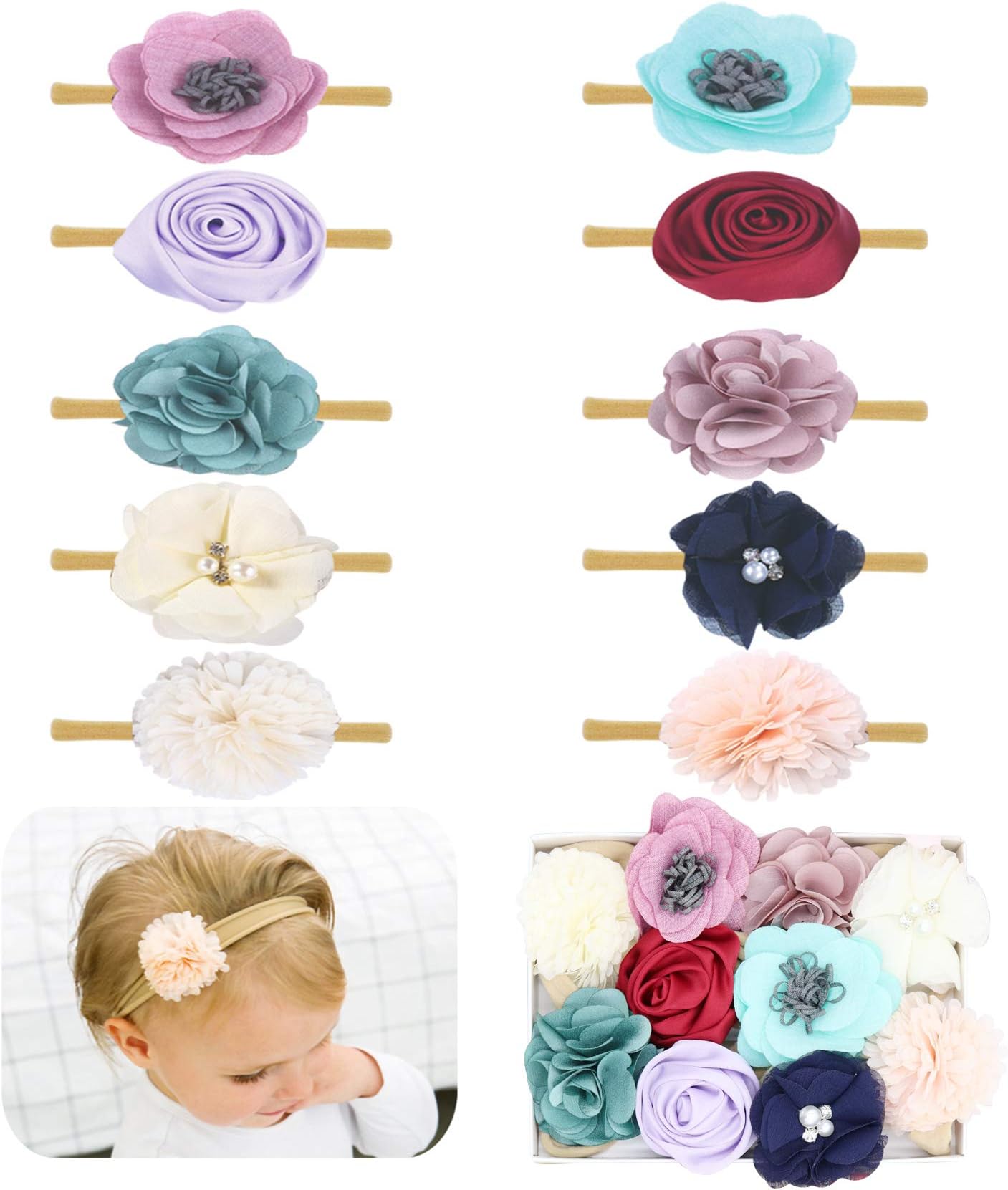 Fancy Clouds Baby Girl Headbands,10 Pack Bow flower Hair Accessories for Newborn Infant Toddler Kids Children