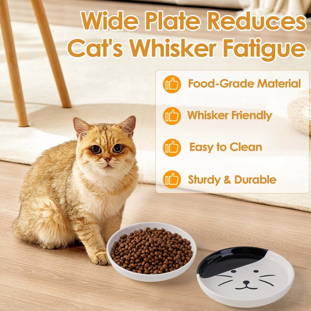 6PCS Ceramic Cat Dish, Shallow and Wide Plate Relief Whisker Fatigue, Dishes for Food and Water, Whisker-Friendly Design, 5.9W x 1.18D Inch, for Indoor Cats and Small Dogs, Multi Color