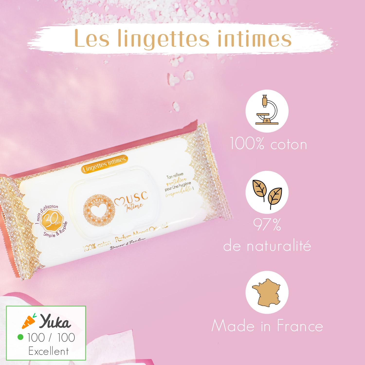 MUSC INTIME La Marque Officielle - Lot de 3+1 offert - Lingettes Intimes - Monoï Oriental - La Rayonnante - Douceur & Fraicheur - 98% Ingrédients Naturels - 4 x 30 unités