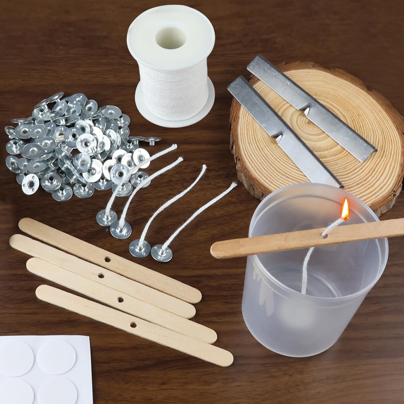 Lot Mèches De Bougie 61m Coton + 100 Socles + Supports Métal Et Bois - Kit Complet Fabrication Bougies