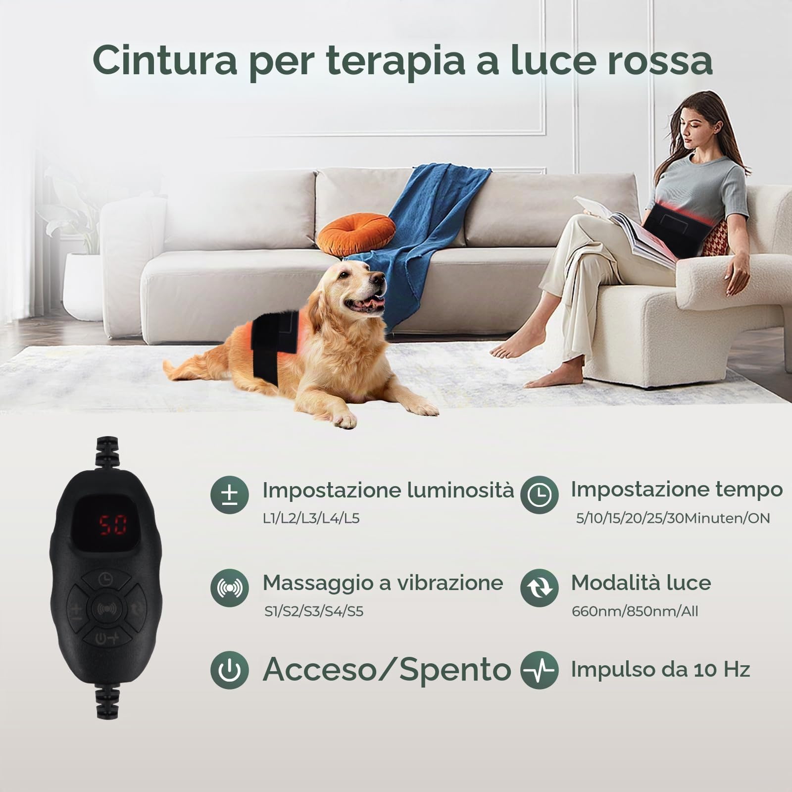 Cintura terapeutica a 120 LED, 660 nm/850 nm, lampada a infrarossi, cintura sottile, terapia a luce rossa, perdita di peso con timer, massaggiatore posteriore regolabile con riscaldamento e