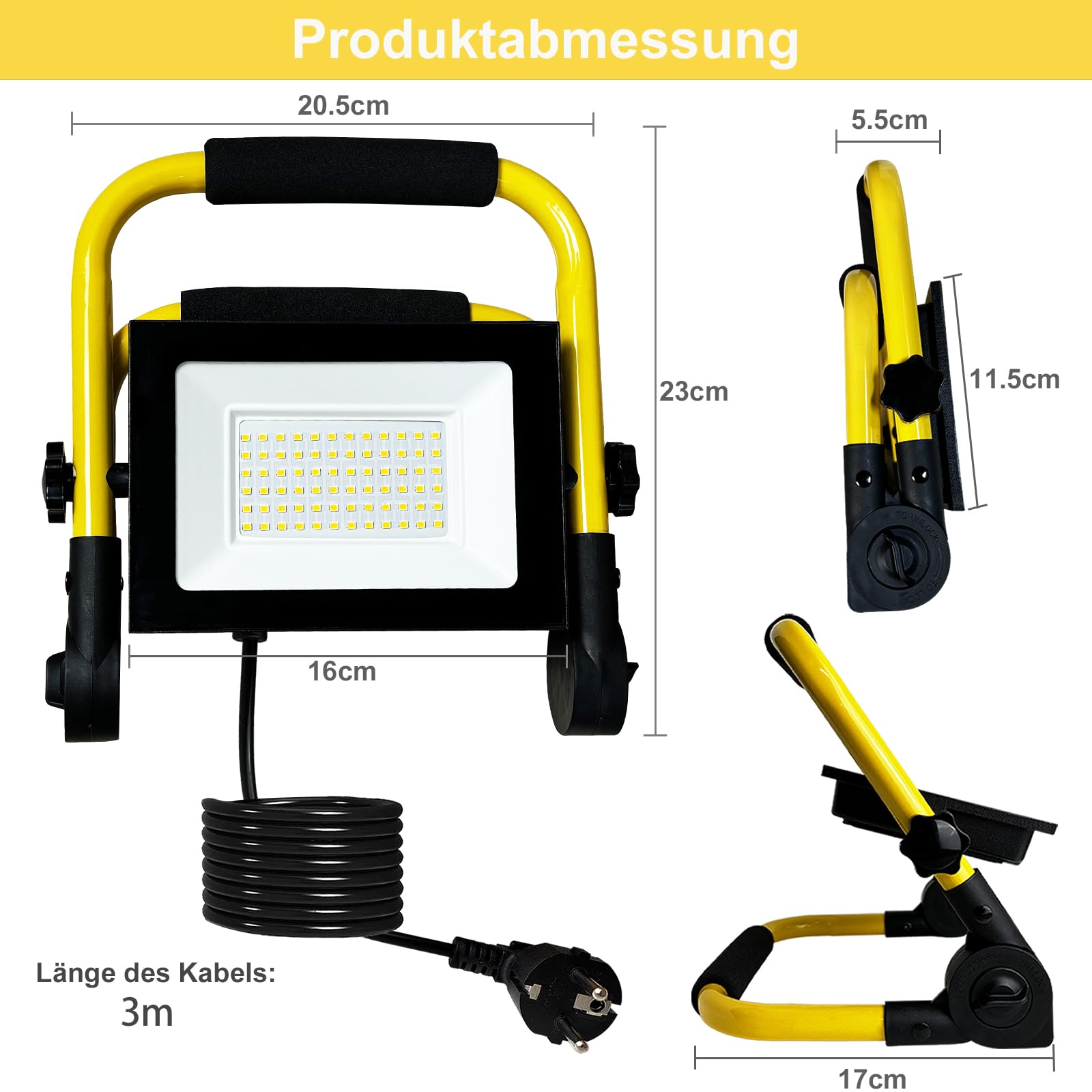 Faretto LED da cantiere, 50 W, 4300 lm, luce bianca calda, 3000 K, con spina + cavo di alimentazione da 3 m, IP66, portatile, per cantieri, officina, garage
