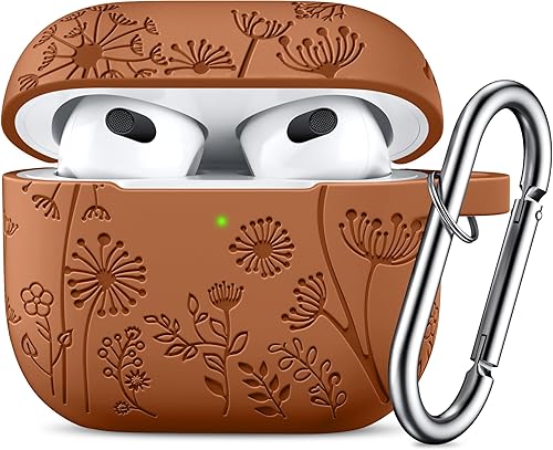 Lerobo Funda con grabado de flores compatible con AirPods de 3 generación con accesorios para llavero, cubierta de silicona para Apple AirPod de 3