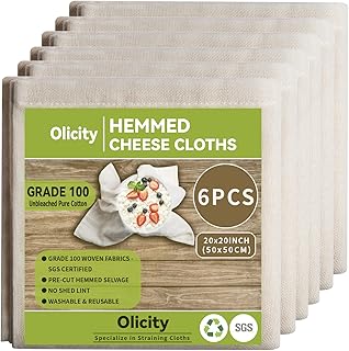 Olicity Cheese Cloths, 6PCS, Grade 100,20x20Inch Hemmed Cheese Cloth Fabric Reusable Fine Mesh Cloth, 100% Cotton Unbleached Precut Muslin Cheesecloth for Straining, Cooking, Yogurt, Juicing