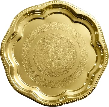 SATVIK 9.5 Inch Handmade Brass Puja Plate with Floral Embossed Design Hindu Ritual Indian Aarti Star Thali Pooja Accessories for Home and Temple