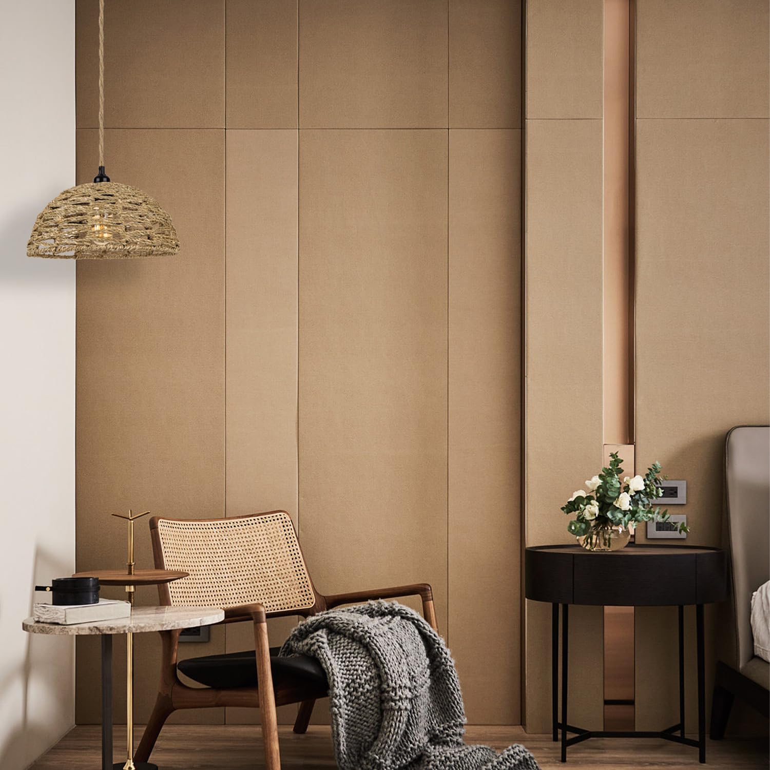 Lampada a Sospensione Industriale Vintage Paralume in rattan Lampadario rustico Illuminazione Interna E27 Lampada da soffitto per Soggiorno Camera da letto Sala da pranzo, Ø30cm