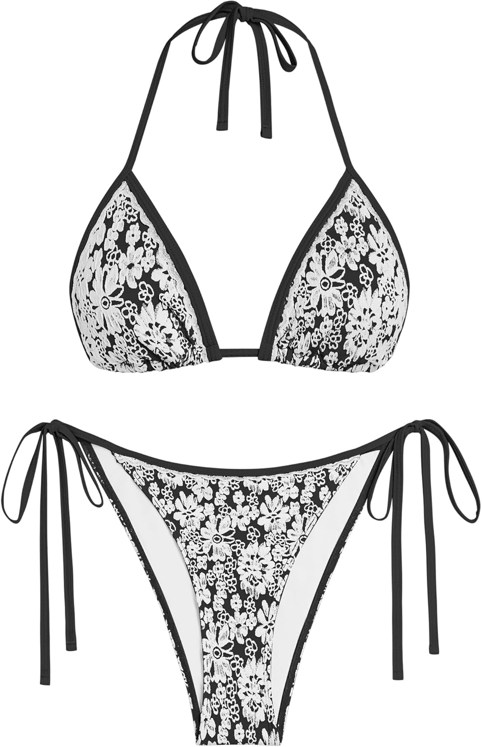 ZAFUL Women's Halter Bikini Sets Textured Floral Print Swimwear Tie Sides Cheeky Swimsuit 2 Piece Bathing Suit