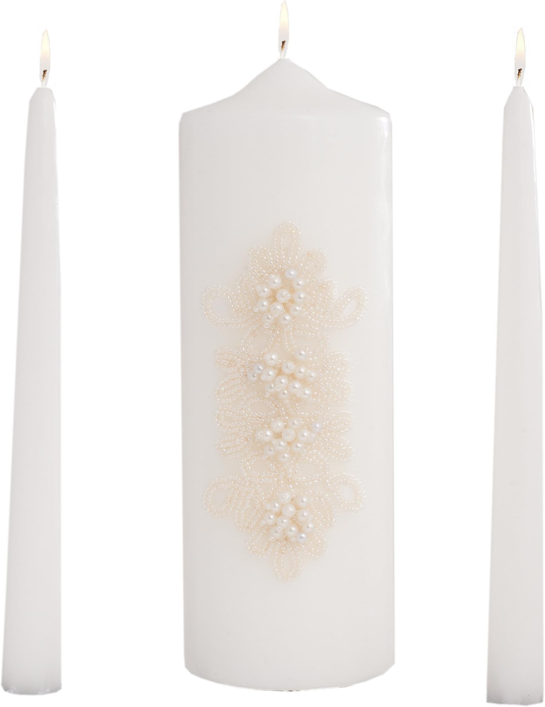Celebration Candles Wedding Unity Candle Set, with 9-inch Pillar Candle with Beaded Cluster Appliqué, with 10-inch Drip less Tapers, White