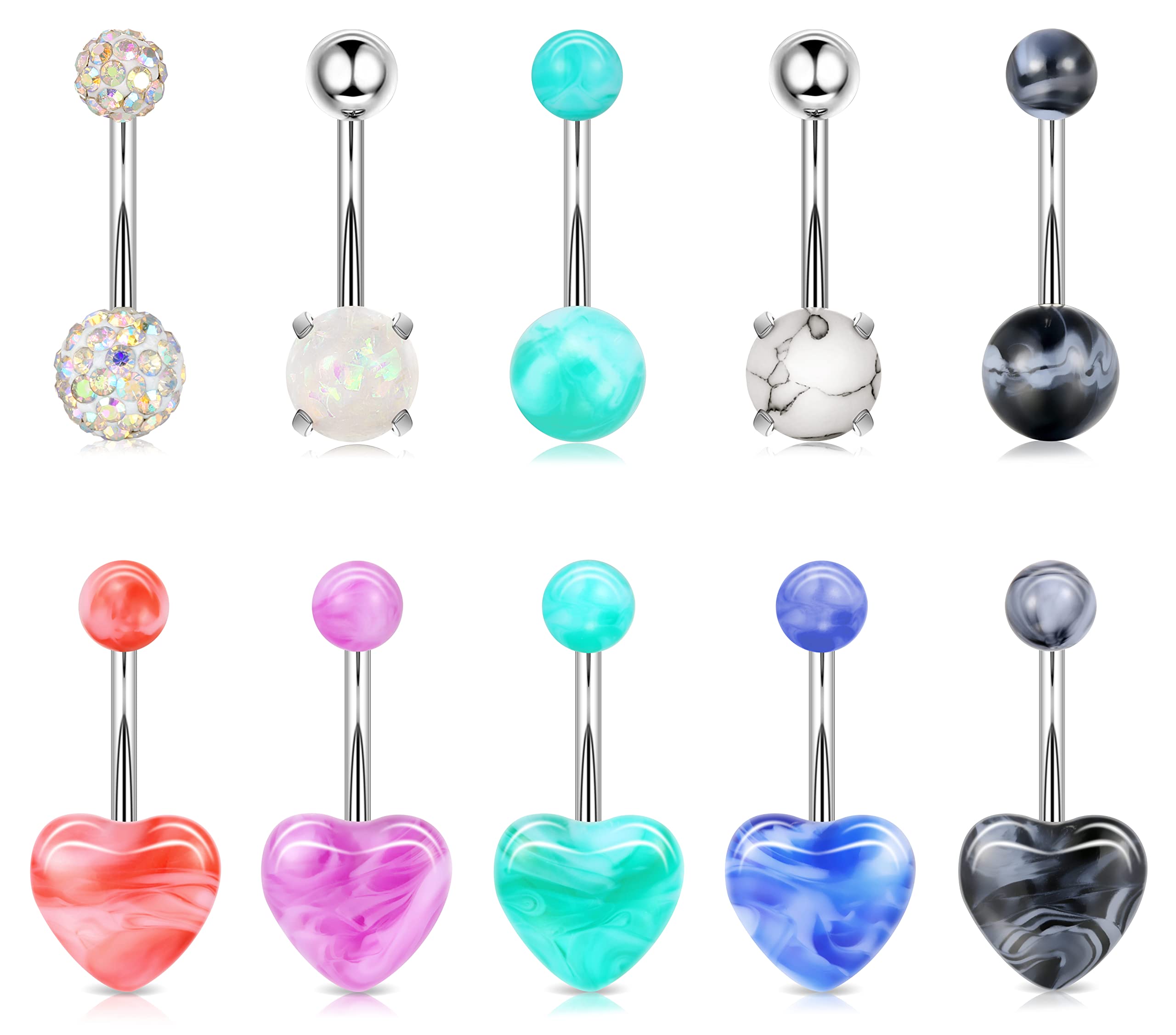 Shakalaka Surgical Steel Belly Button Ring for Women Belly Piercing Dangling Cute Heart Butterfly Navel Rings Pack (Muti-color)