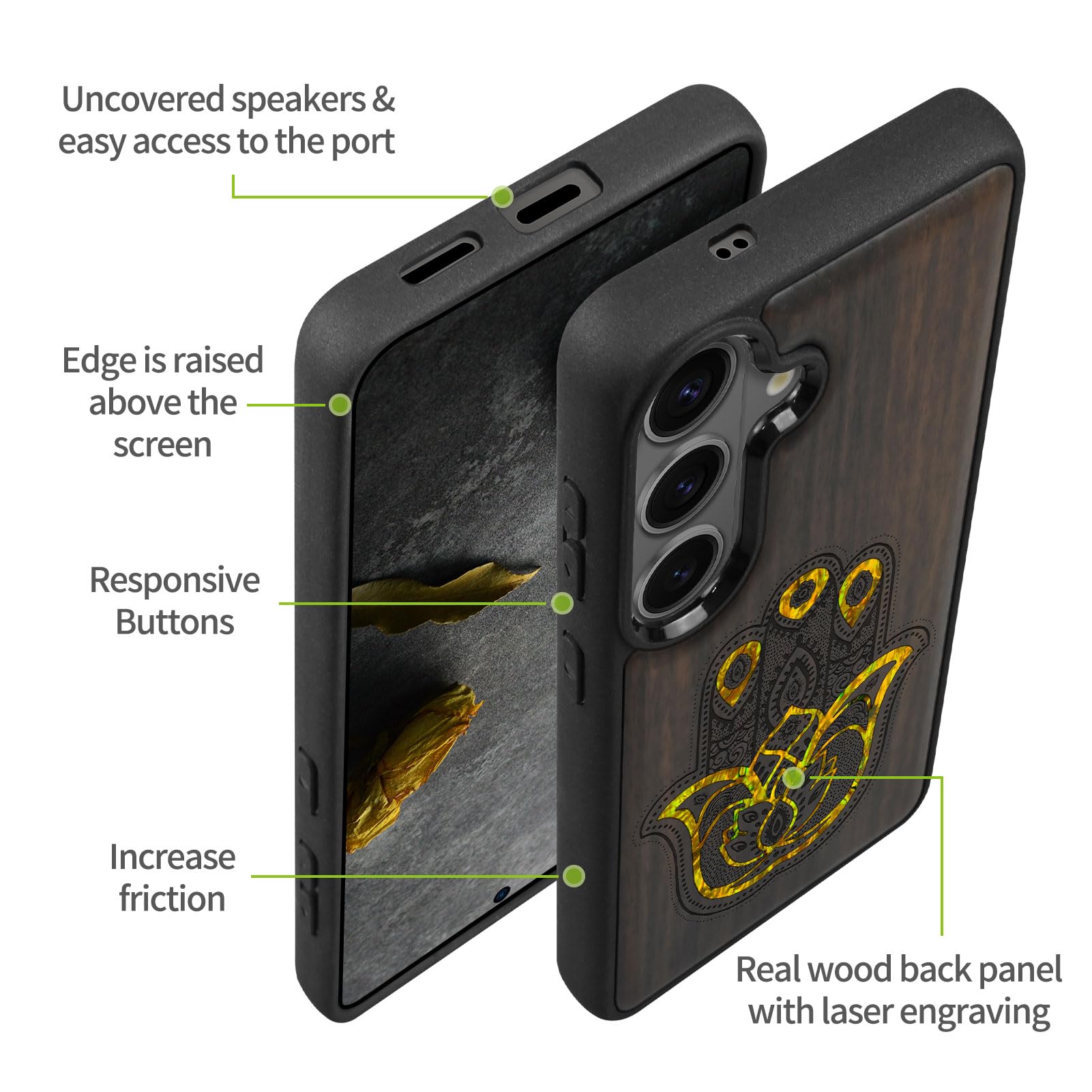 Carveit Drewniane magnetyczne etui na telefon komórkowy Samsung S26 [drewniany grawerunek i wkładka muszlay] osłona zderzaka kompatybilna z Galaxy S26 Case (wzór hamsa zdobiony ciemnym drewnem)