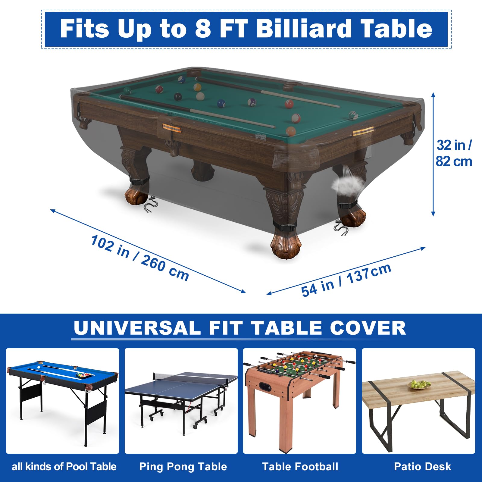 8ft Pooltisch Abdeckung, Billiard Tisch 420D Oxford Outdoor Snooker Billardtisch, staubdicht winddicht UV-Schutz, geeignet für Pooltisch，Gartenmöbelabdeckung