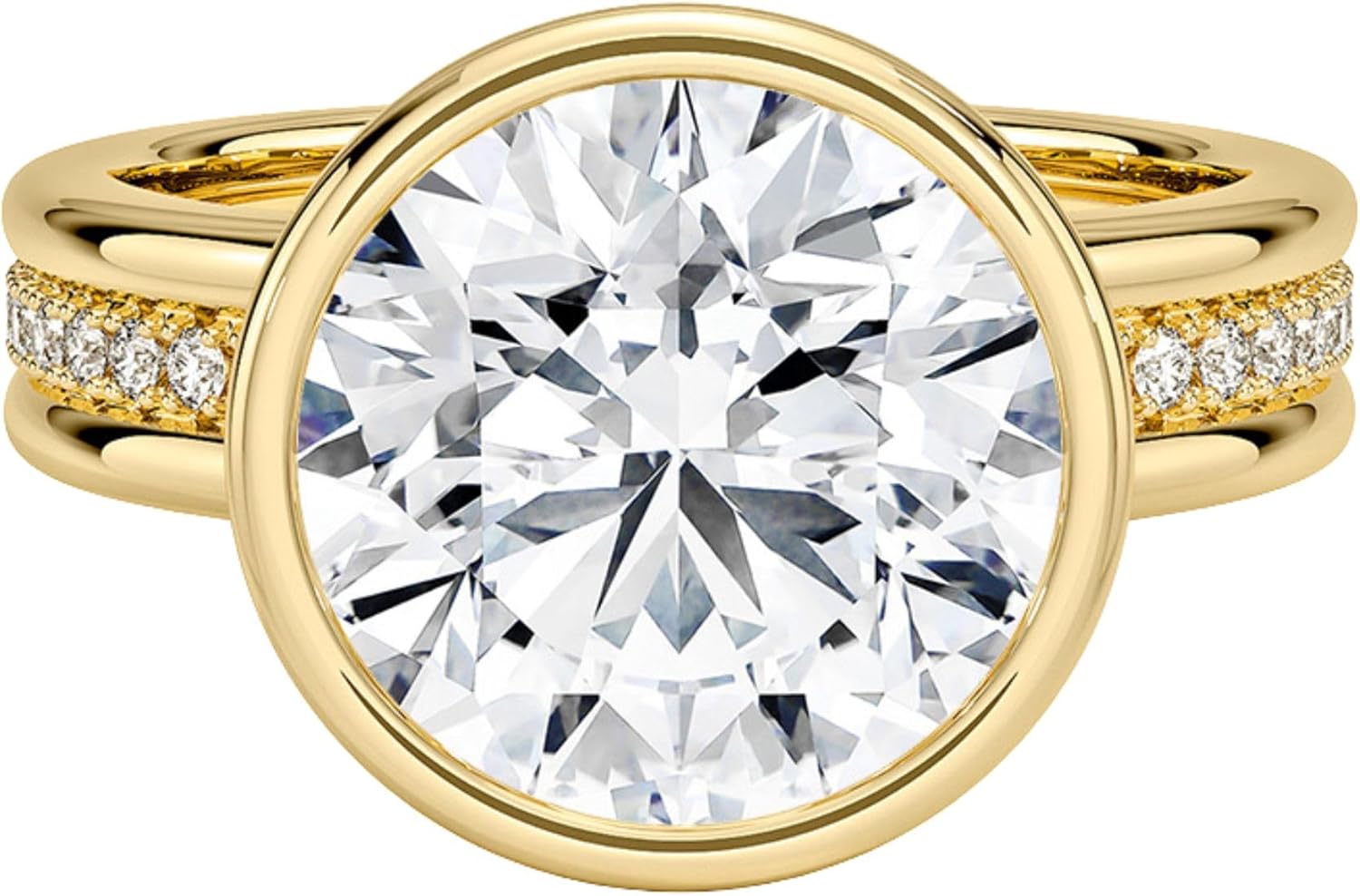0.50–5 CT Round Cut Moissanite Engagement Ring with 0.28 CT Round Side Stones – Bezel Setting in 10K/14K/18K Solid Gold or 925 Sterling Silver – Modern Luxury Solitaire Design