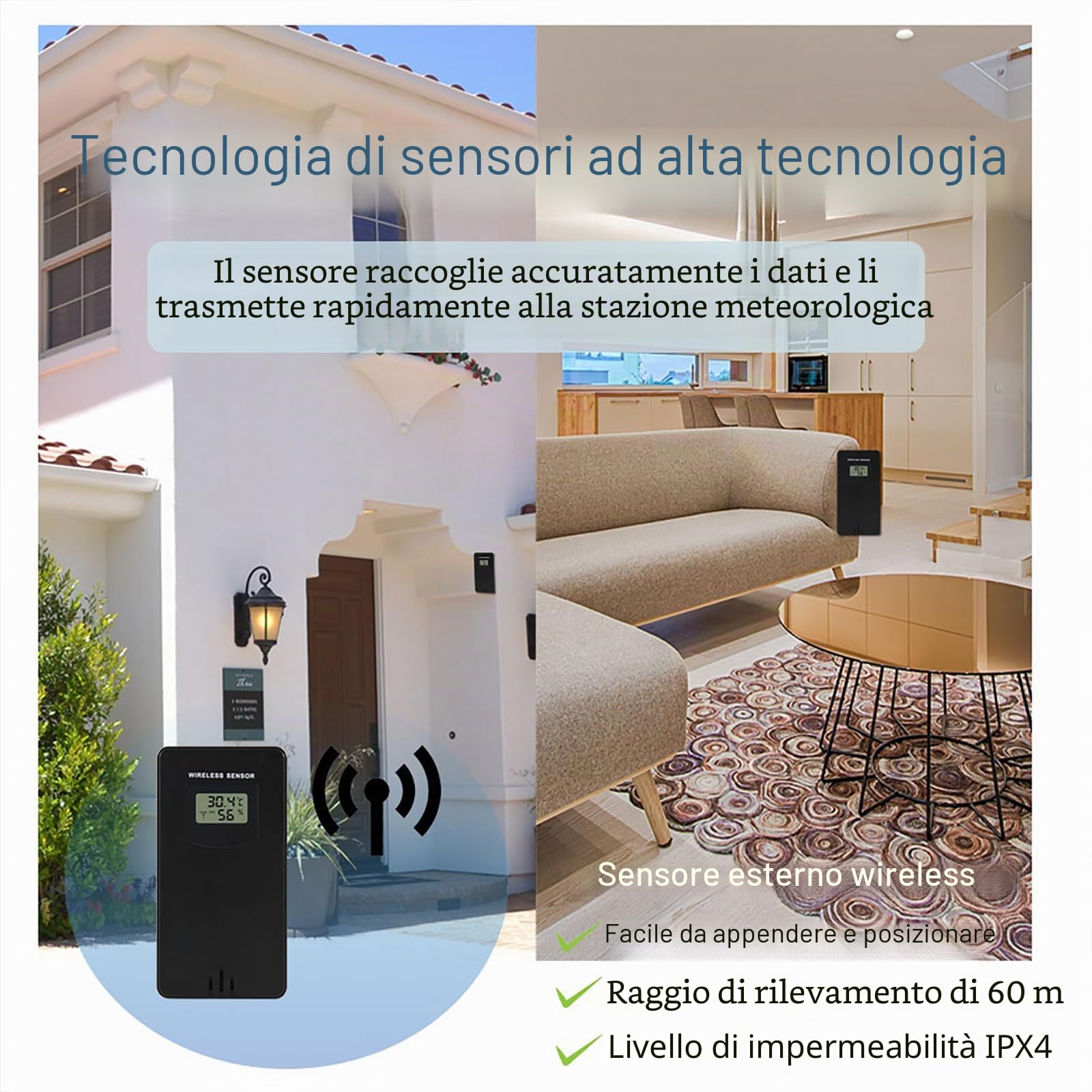 Stazione Meteorologica con Sensore Wireless Esterno, Stazione Meteorologica Digitale con Display LCD Wireless con Doppia Sveglia/Data/Temperatura/Umidità/Avviso/Barometrico/Previsioni Meteo Per Casa