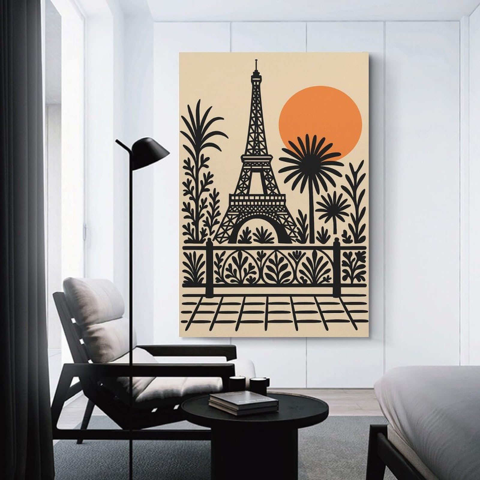 Junmoney Unframe-Style-3 Eiffel Tower Illustration With Tropical Plants Decorative Wall Artwork 20X30inch(50X75cm), For Home Lounge, Bedroom Or Reading Nook, Modern Wall Decor For Cosy Interiors